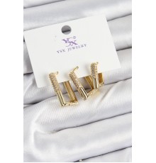 Pirinç Zİrkon Taşlı Dikdörtgen Model Gold Renk 3'lü Kadın Küpe - TJ-BKP10935