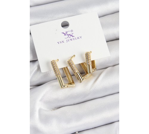 Pirinç Zİrkon Taşlı Dikdörtgen Model Gold Renk 3'lü Kadın Küpe - TJ-BKP10935