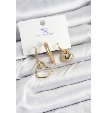 Pirinç Zİrkon Taşlı Kalp Model Gold Renk 3'lü Kadın Küpe - TJ-BKP10936