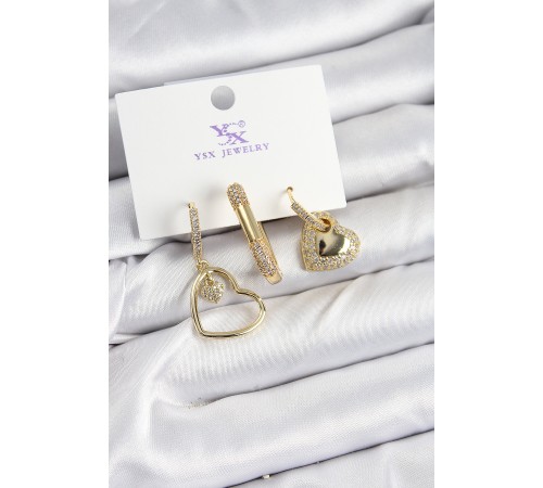 Pirinç Zİrkon Taşlı Kalp Model Gold Renk 3'lü Kadın Küpe - TJ-BKP10936