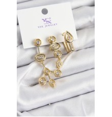 Pirinç Zİrkon Taşlı Geometrik Model Gold Renk 3'lü Kadın Küpe - TJ-BKP10937