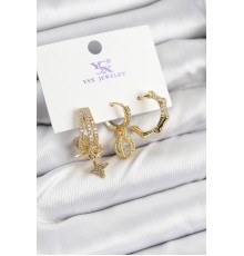 Pirinç Zİrkon Taşlı Sallantılı Yıldız Model Gold Renk 3'lü Kadın Küpe - TJ-BKP10938