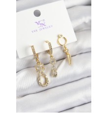 Pirinç Zİrkon Taşlı Sallantılı Model Gold Renk 3'lü Kadın Küpe - TJ-BKP10939