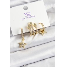 Pirinç Zİrkon Taşlı Sallantılı Yıldız Model Gold Renk 3'lü Kadın Küpe - TJ-BKP10940