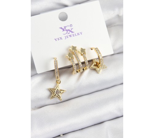 Pirinç Zİrkon Taşlı Sallantılı Yıldız Model Gold Renk 3'lü Kadın Küpe - TJ-BKP10940