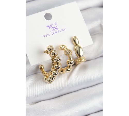 Pirinç Zİrkon Taşlı Halka Model Gold Renk 3'lü Kadın Küpe - TJ-BKP10941