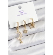 Pirinç Zİrkon Taşlı Ay Ve Hilal Model Gold Renk 3'lü Kadın Küpe - TJ-BKP10942