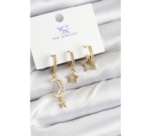 Pirinç Zİrkon Taşlı Ay Ve Hilal Model Gold Renk 3'lü Kadın Küpe - TJ-BKP10942