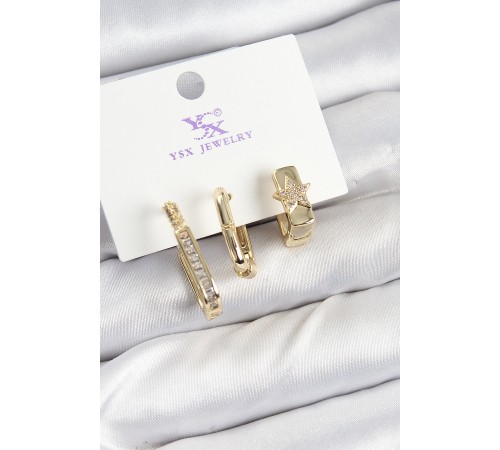 Pirinç Zİrkon Taşlı Yıldız Model Gold Renk 3'lü Kadın Küpe - TJ-BKP10943