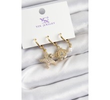 Pirinç Zİrkon Taşlı Deniz Yıldızı Ve İstiridye Model Gold Renk 3'lü Kadın Küpe - TJ-BKP10944