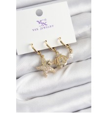 Pirinç Zİrkon Taşlı Deniz Yıldızı Ve İstiridye Model Gold Renk 3'lü Kadın Küpe - TJ-BKP10944
