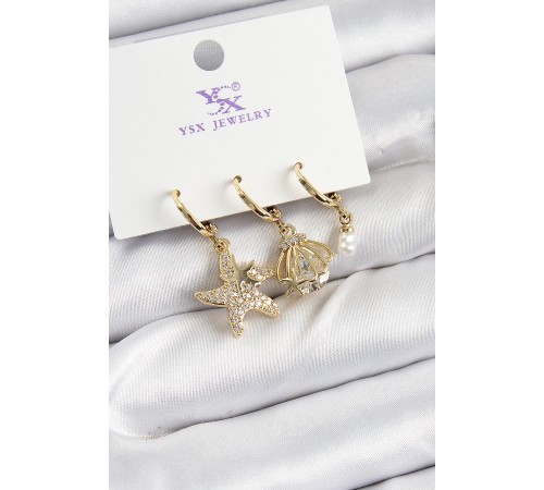 Pirinç Zİrkon Taşlı Deniz Yıldızı Ve İstiridye Model Gold Renk 3'lü Kadın Küpe - TJ-BKP10944