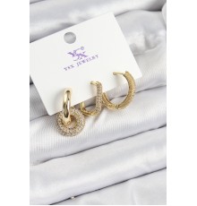 Pirinç Zİrkon Taşlı Halka Model Gold Renk 3'lü Kadın Küpe - TJ-BKP10945