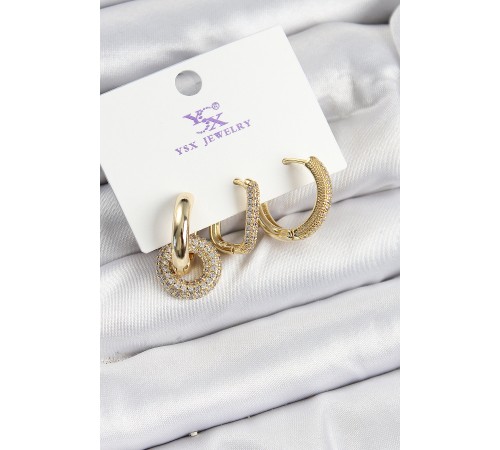 Pirinç Zİrkon Taşlı Halka Model Gold Renk 3'lü Kadın Küpe - TJ-BKP10945