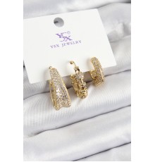 Pirinç Zİrkon Taşlı Halka Model Gold Renk 3'lü Kadın Küpe - TJ-BKP10946