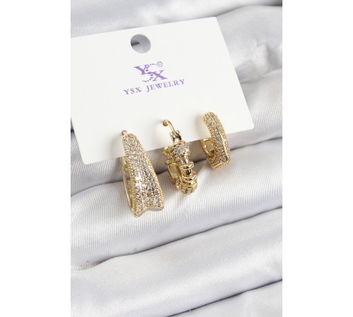 Pirinç Zİrkon Taşlı Halka Model Gold Renk 3'lü Kadın Küpe - TJ-BKP10946