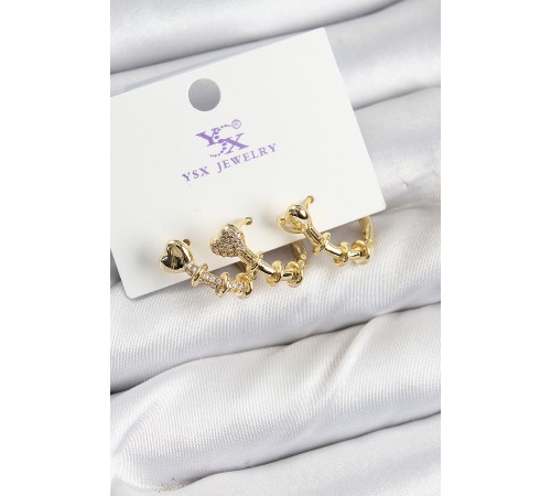 Pirinç Zİrkon Taşlı Kalp Model Gold Renk 3'lü Kadın Küpe - TJ-BKP10947