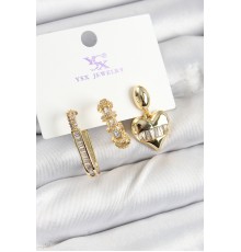 Pirinç Zİrkon Taşlı Kalp Model Gold Renk 3'lü Kadın Küpe - TJ-BKP10948