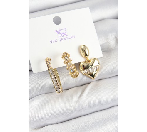 Pirinç Zİrkon Taşlı Kalp Model Gold Renk 3'lü Kadın Küpe - TJ-BKP10948