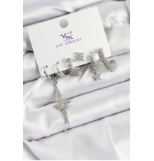 Pirinç Zİrkon Taşlı Kutup Yıldızı Model Gümüş Renk 3'lü Çift Kadın Küpe - TJ-BKP10950