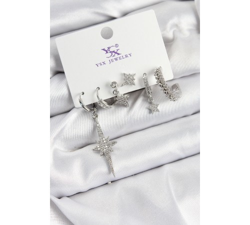 Pirinç Zİrkon Taşlı Kutup Yıldızı Model Gümüş Renk 3'lü Çift Kadın Küpe - TJ-BKP10950