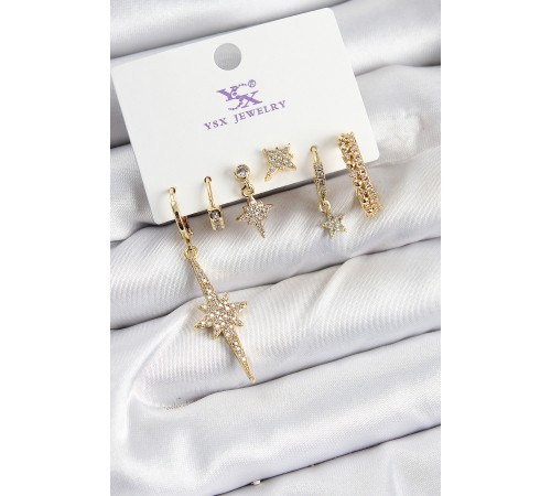 Pirinç Zİrkon Taşlı Kutup Yıldızı Model Gold Renk 3'lü Çift Kadın Küpe - TJ-BKP10951