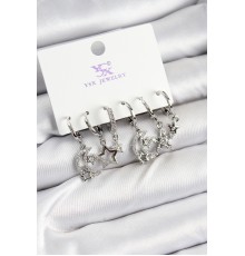 Pirinç Zİrkon Taşlı Ay ve Yıldız Model Gümüş Renk 3'lü Çift Kadın Küpe - TJ-BKP10952