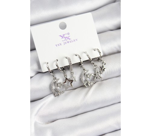 Pirinç Zİrkon Taşlı Ay ve Yıldız Model Gümüş Renk 3'lü Çift Kadın Küpe - TJ-BKP10952