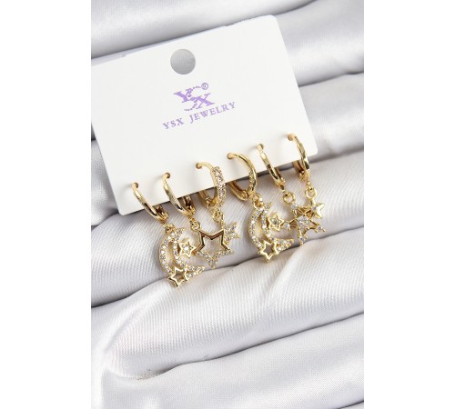 Pirinç Zİrkon Taşlı Ay ve Yıldız Model Gold Renk 3'lü Çift Kadın Küpe - TJ-BKP10953