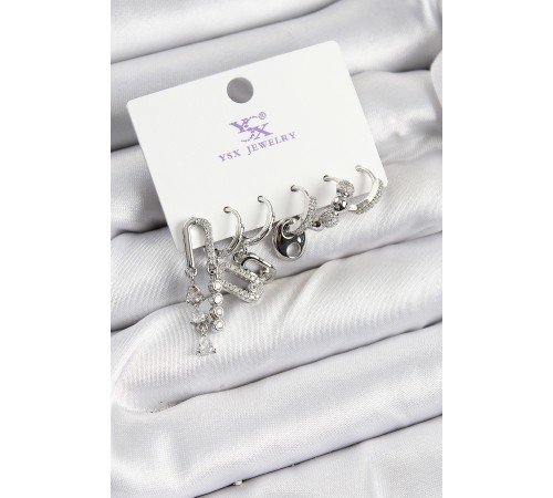 Pirinç Zİrkon Taşlı Dikdörtgen Model Gümüş Renk 3'lü Çift Kadın Küpe - TJ-BKP10954