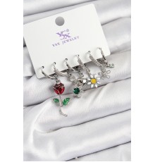 Pirinç Zİrkon Taşlı Gül Ve Papatya Model Gümüş Renk 3'lü Çift Kadın Küpe - TJ-BKP10956