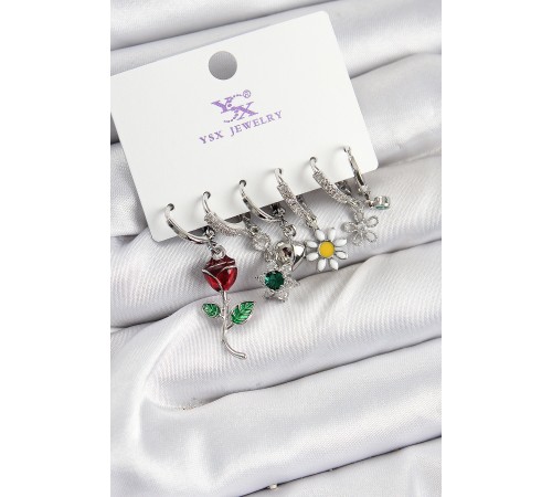 Pirinç Zİrkon Taşlı Gül Ve Papatya Model Gümüş Renk 3'lü Çift Kadın Küpe - TJ-BKP10956