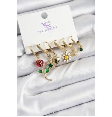 Pirinç Zİrkon Taşlı Gül Ve Papatya Model Gold Renk 3'lü Çift Kadın Küpe - TJ-BKP10957