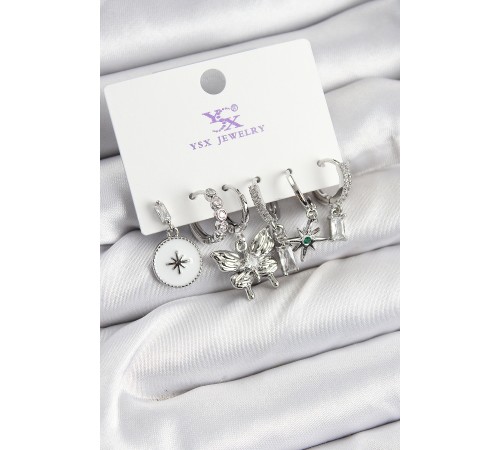 Pirinç Zİrkon Taşlı ve Yıldız Model Gümüş Renk 3'lü Çift Kadın Küpe - TJ-BKP10958