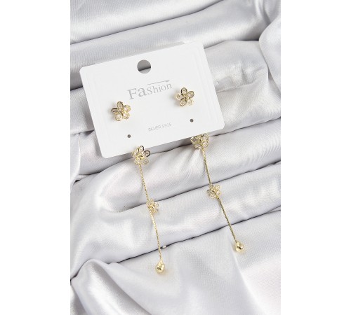 Pirinç Zirkon Taşlı Sallantılı Çiçek Model Gold Renk 925 Ayar Gümüş Çivi Kadın Küpe - TJ-BKP10968