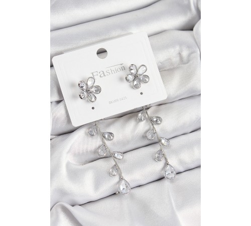 Pirinç Zirkon Taşlı Sallantılı Çiçek Model Gümüş Renk 925 Ayar Gümüş Çivi Kadın Küpe - TJ-BKP10969