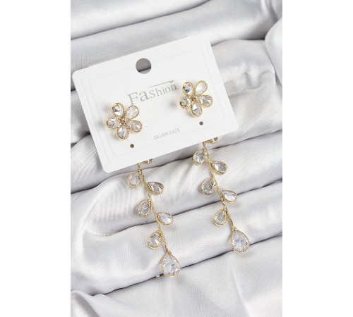 Pirinç Zirkon Taşlı Sallantılı Çiçek Model Gold Renk 925 Ayar Gümüş Çivi Kadın Küpe - TJ-BKP10970