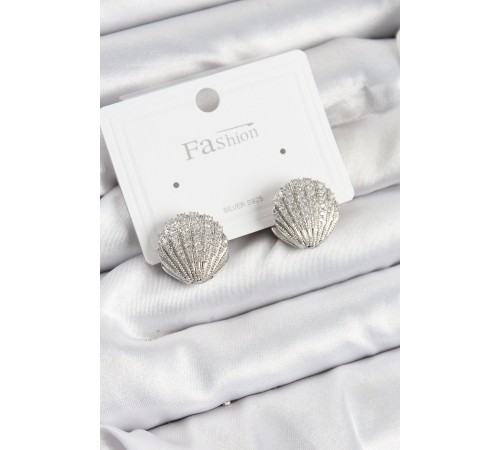 Pirinç Zirkon Taşlı İstiridye Model Gümüş Renk 925 Ayar Gümüş Çivi Kadın Küpe - TJ-BKP10973