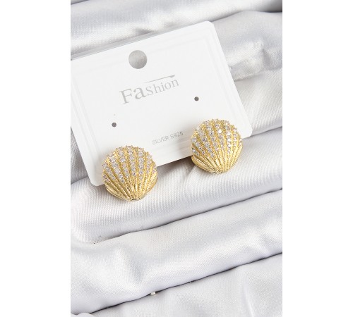 Pirinç Zirkon Taşlı İstiridye Model Gold Renk 925 Ayar Gümüş Çivi Kadın Küpe - TJ-BKP10974