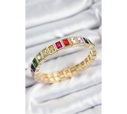 Pirinç Karışık Zirkon Taşlı Dikdörtgen Model Gold Renk Lastikli Kadın Bileklik - TJ-BB7493