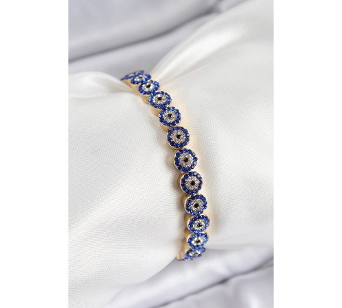 Pirinç Zirkon Taşlı Lacivert Nazar Model Gold Renk Lastikli Kadın Bileklik - TJ-BB7495