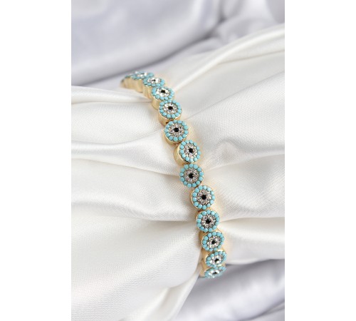 Pirinç Zirkon Taşlı Turkuaz Nazar Model Gold Renk Lastikli Kadın Bileklik - TJ-BB7496
