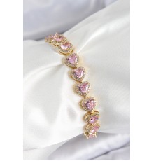 Pirinç Zirkon Taşlı Pembe Kalp Baget Model Gold Renk VIP Seri Kadın Bileklik - TJ-BB7502