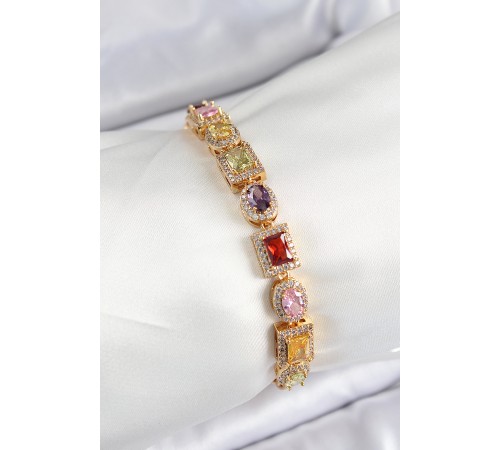 Pirinç Karışık Zirkon Taşlı Baget Model Gold Renk VIP Seri Kadın Bileklik - TJ-BB7504