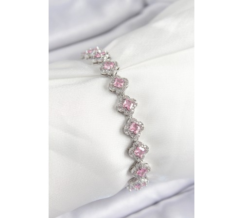Pirinç Zirkon Taşlı Pembe Yonca Baget Model Gümüş Renk VIP Seri Kadın Bileklik - TJ-BB7505