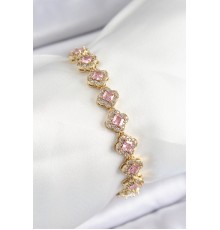 Pirinç Zirkon Taşlı Pembe Yonca Baget Model Gold Renk VIP Seri Kadın Bileklik - TJ-BB7506