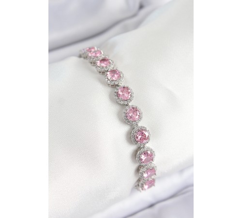 Pirinç Pembe Zirkon Taşlı Daire Baget Model Gümüş Renk VIP Seri Kadın Bileklik - TJ-BB7511