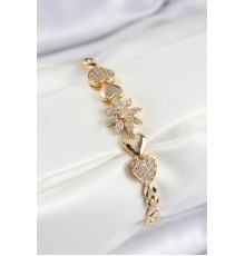 Pirinç Zirkon Taşlı Kalp Detaylı Çiçek Model Gold Renk Kadın Bileklik - TJ-BB7527