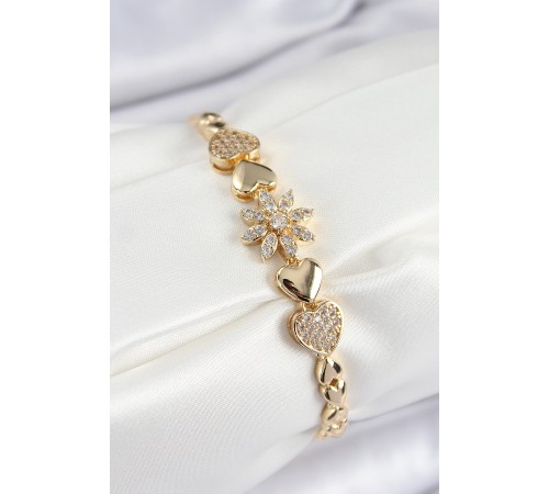 Pirinç Zirkon Taşlı Kalp Detaylı Çiçek Model Gold Renk Kadın Bileklik - TJ-BB7527