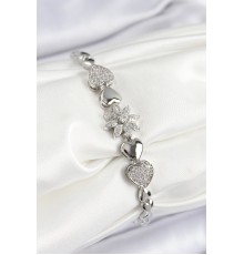 Pirinç Zirkon Taşlı Kalp Detaylı Çiçek Model Gümüş Renk Kadın Bileklik - TJ-BB7528